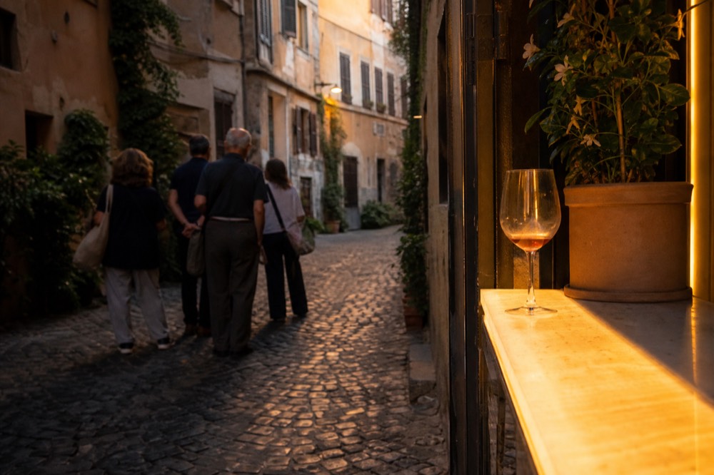 A guided group pausing at a food counter in a narrow Roman street in warm evening light
