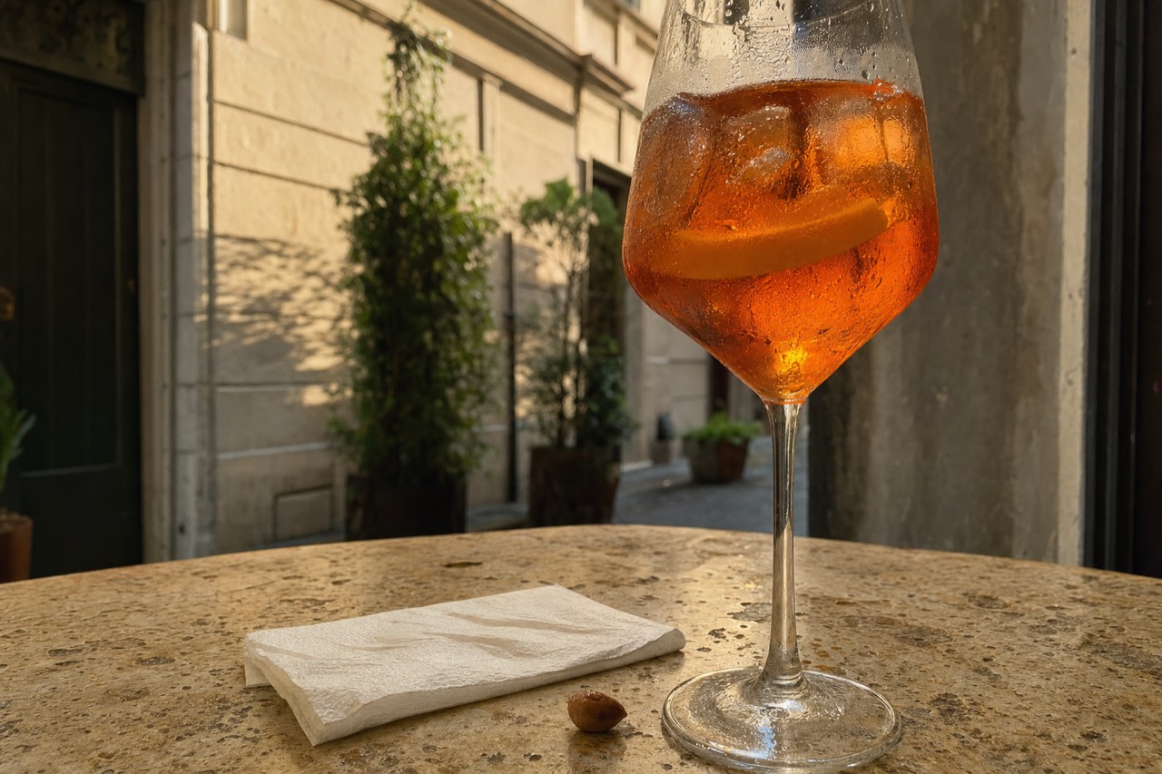 An orange Aperol Spritz in a wine glass on a marble bar counter in Rome