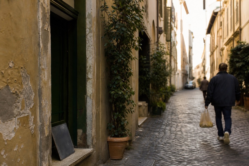 A chalkboard menu propped against a trattoria doorway in a Roman alley