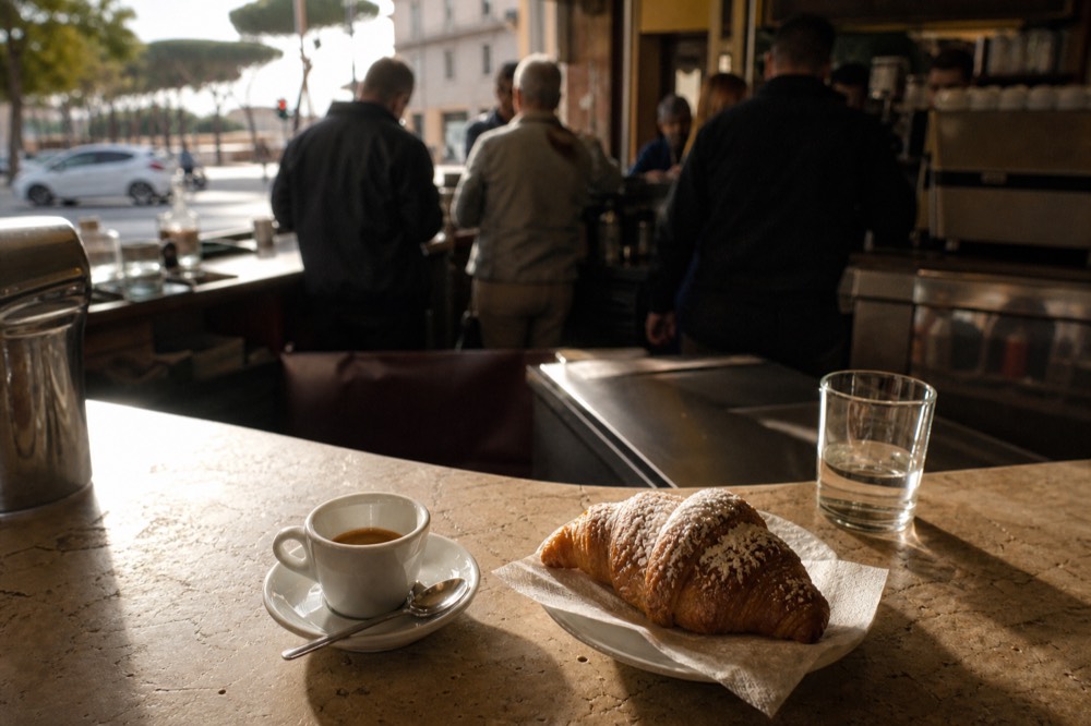 An espresso cup and a cornetto on a marble bar counter in Rome