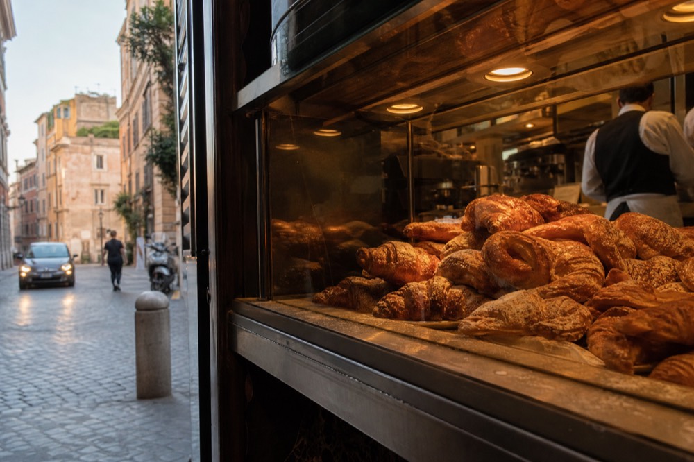 A glass pastry case filled with cornetti in a Roman bakery