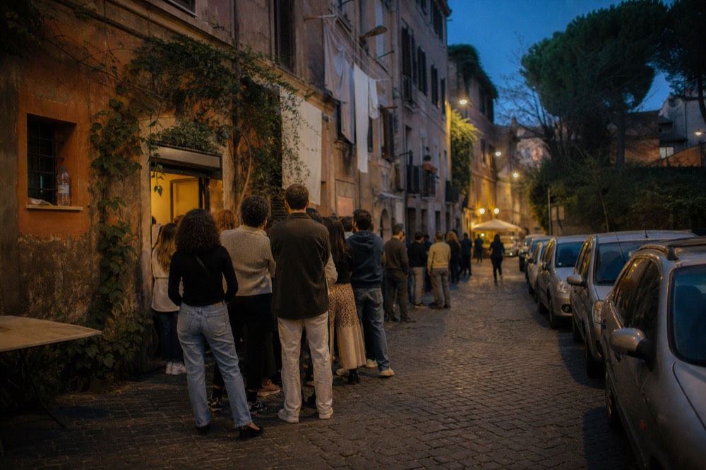 A queue stretching from a small trattoria door down a cobbled Trastevere street at dusk