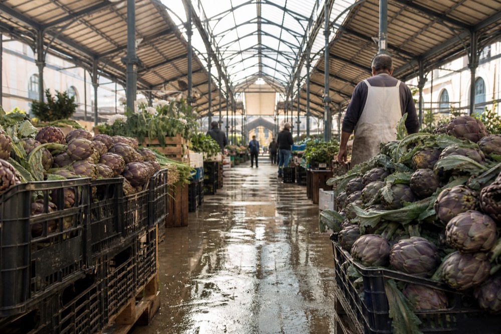 A covered market interior with food stalls down a central aisle