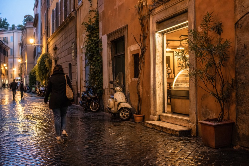 A Rome street at dusk with warmly lit food shop windows and stone cobbles