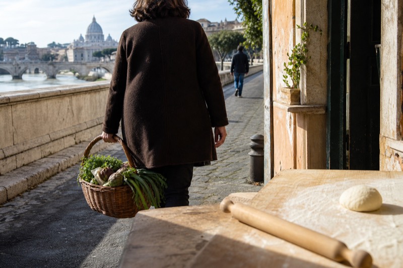 A cloth bag of fresh zucchini flowers and herbs set down beside a ball of pasta dough and a rolling pin on a kitchen bench in Rome