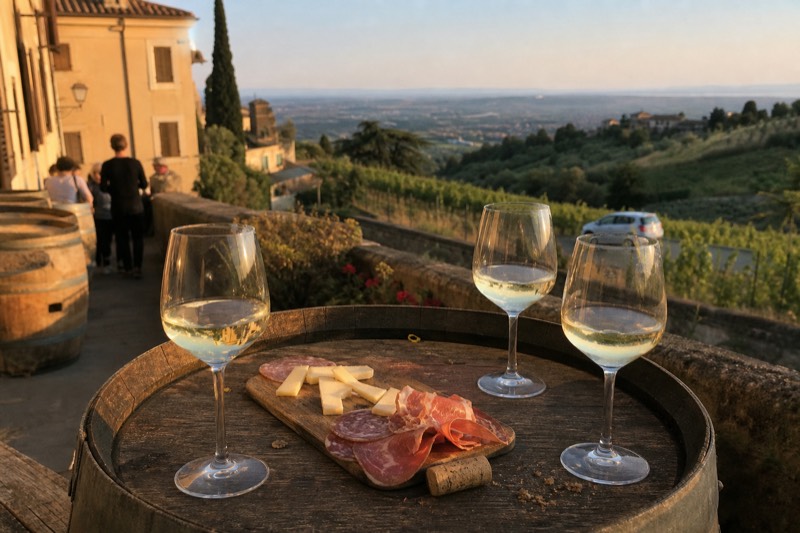Two glasses of pale Frascati beside a board of pecorino and prosciutto on a barrel top in a dim Roman wine bar, chalked labels on the wall