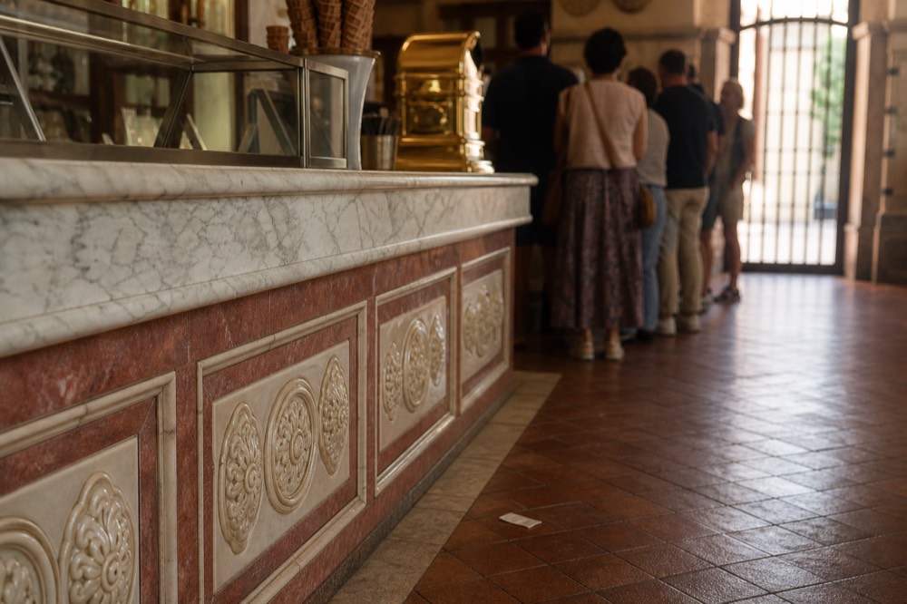 A historic tiled gelateria interior in central Rome