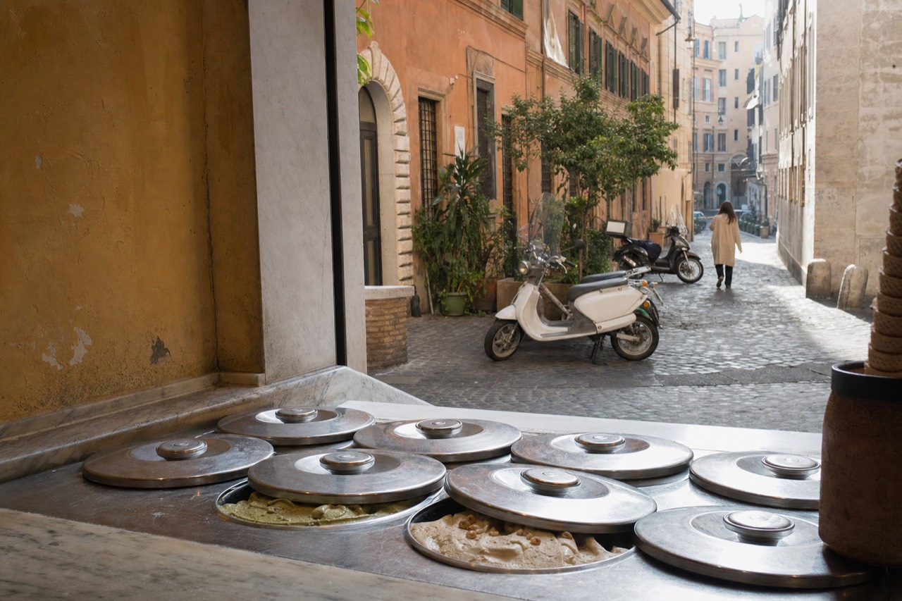 A row of covered metal gelato tins in a Roman gelateria