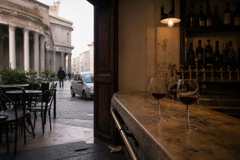 Wine glasses on a marble counter in a dim Roman wine bar