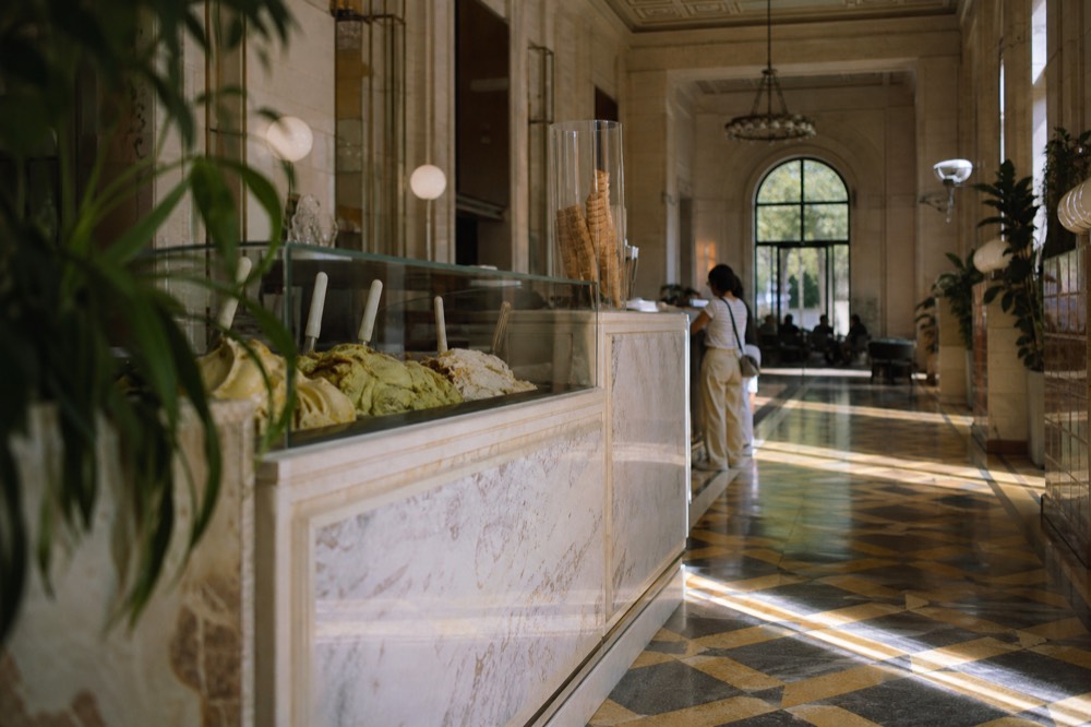 Gelato counter in a historic Roman gelateria hall