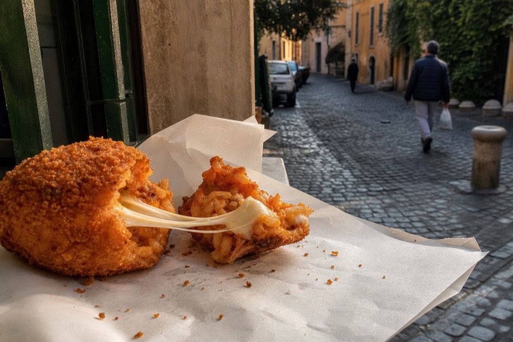 A fried rice croquette broken open with melted cheese stretching