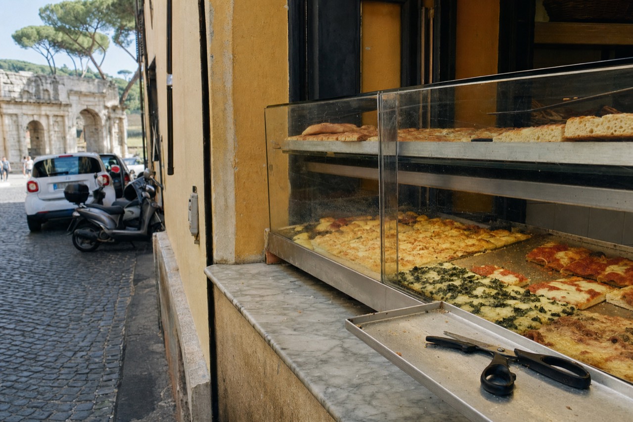A pizza al taglio counter with trays of topped pizza under glass