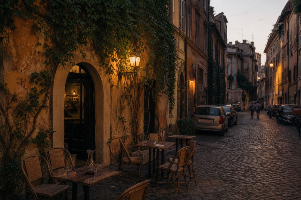A quiet back street in Trastevere with ivy on the walls and a small restaurant sign